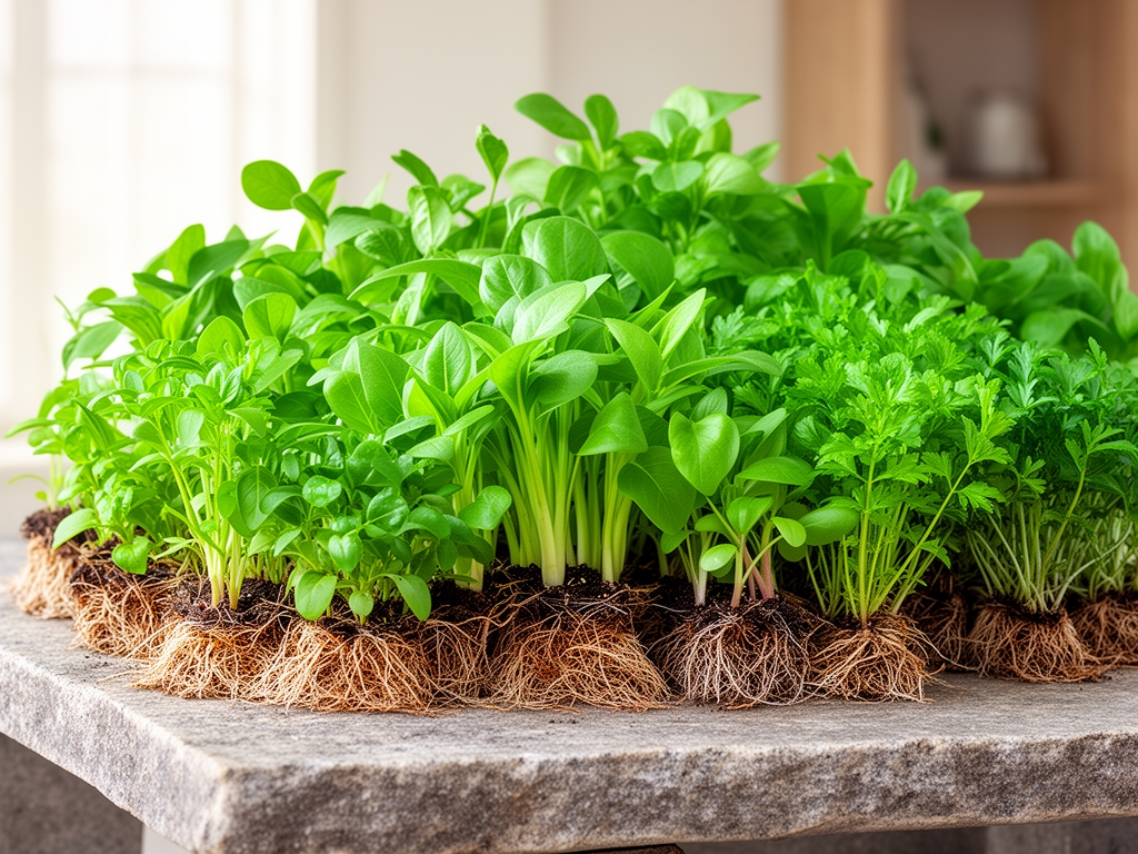 Sveze biljke sa zelenim listovima i korenicama rasporedene na kamenom stolu uz prirodno difuzno svetlo, prikazujuci raznovrsnost biljnih izvora nutrijenata