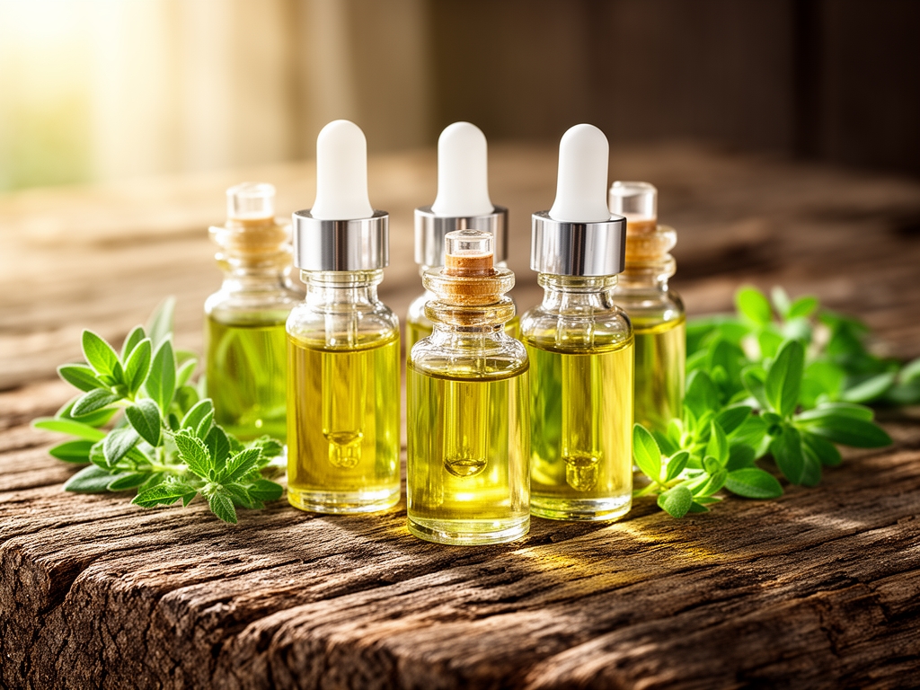 Detaljan prikaz prirodnih biljnih ekstrakta u malim staklenim bocicama sa kapaljkama, rasporedenih na rustikalnoj drvnoj povrsini uz prirodno svetlo koje prolazi kroz providnu tecnost